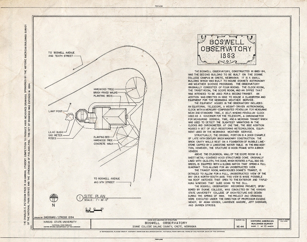 Historic Pictoric : Blueprint HABS NEB,76-CRE,1- (Sheet 1 of 10) - Boswell Observatory, Doane College, Crete, Saline County, NE