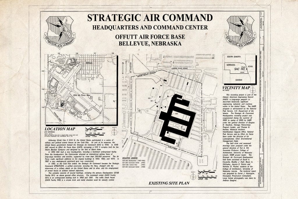 Historic Pictoric : Blueprint Existing Site Plan - Offutt Air Force Base, Strategic Air Command Headquarters & Command Center, Headquarters Building, 901 SAC Boulevard, Bellevue, Sarpy County, NE