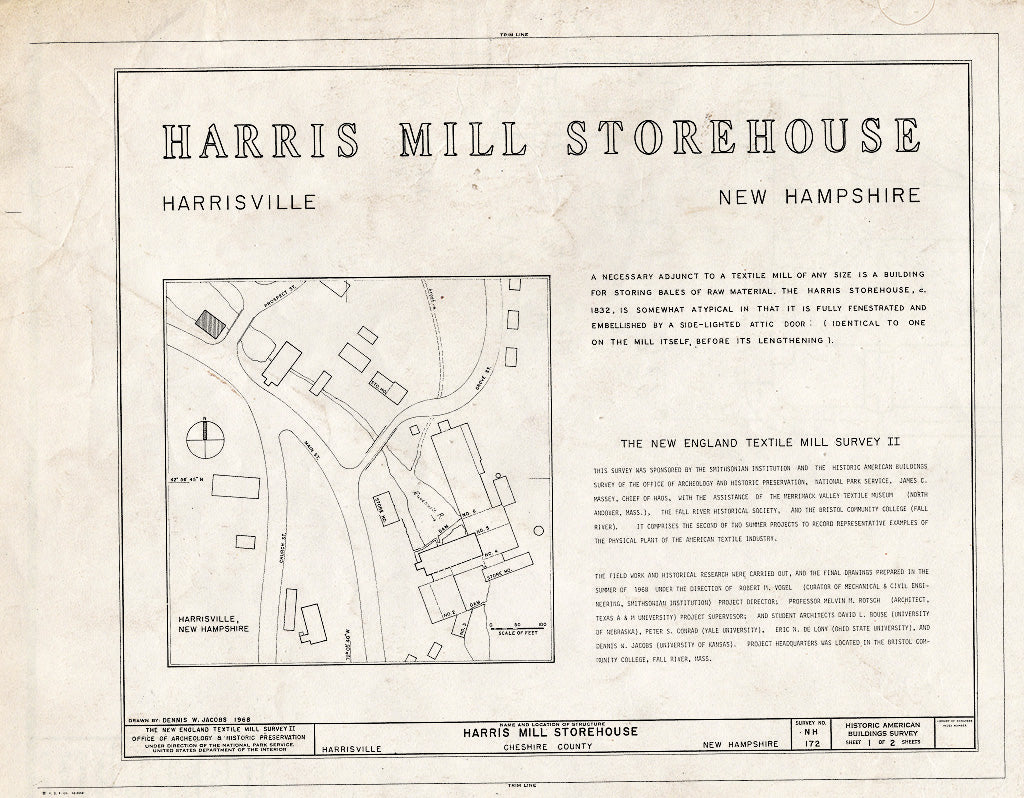 Historic Pictoric : Blueprint HABS NH,3-HAR,2- (Sheet 1 of 2) - Harris Mill Storehouse, Main & Prospect Streets, Harrisville, Cheshire County, NH