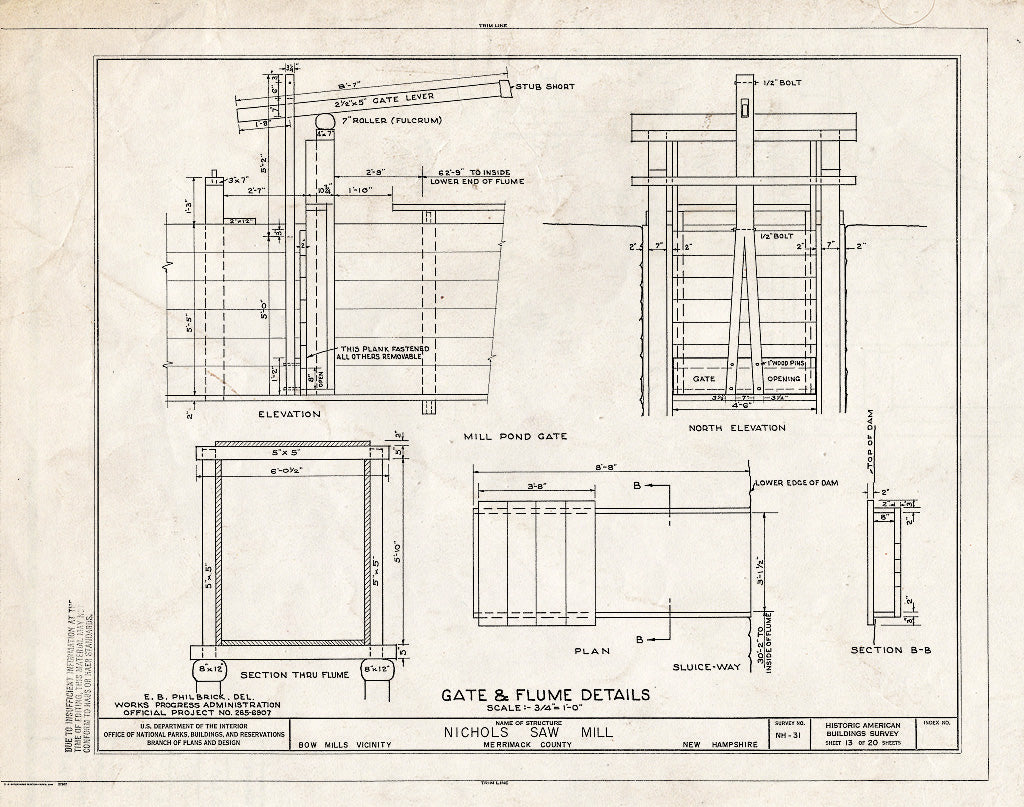 Historic Pictoric : Blueprint HABS NH,7-BOWMIL.V-1- (Sheet 13 of 20) - Nichols Saw Mill, Bow Mills, Merrimack County, NH