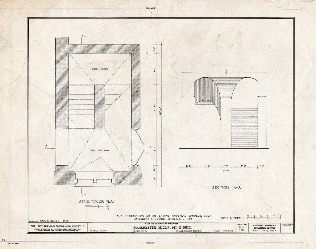 Historic Pictoric : Blueprint HABS NH,6-MANCH,2/3C- (Sheet 1 of 2) - Manchester Mills, No. 3 Mill, Textile Court, Manchester, Hillsborough County, NH