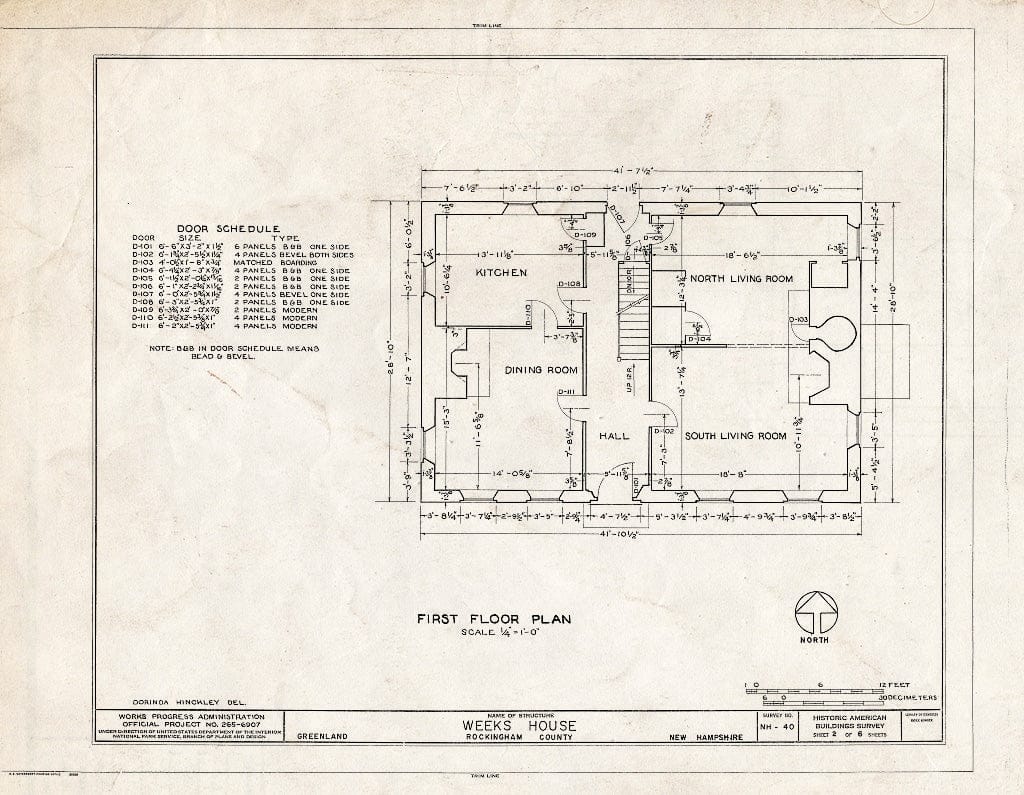Historic Pictoric : Blueprint 2. First Floor Plan and Door schedul - Weeks House, Greenland, Rockingham County, NH