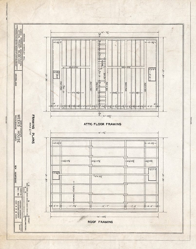 Historic Pictoric : Blueprint 4. Attic Floor and roof framing - Weeks House, Greenland, Rockingham County, NH