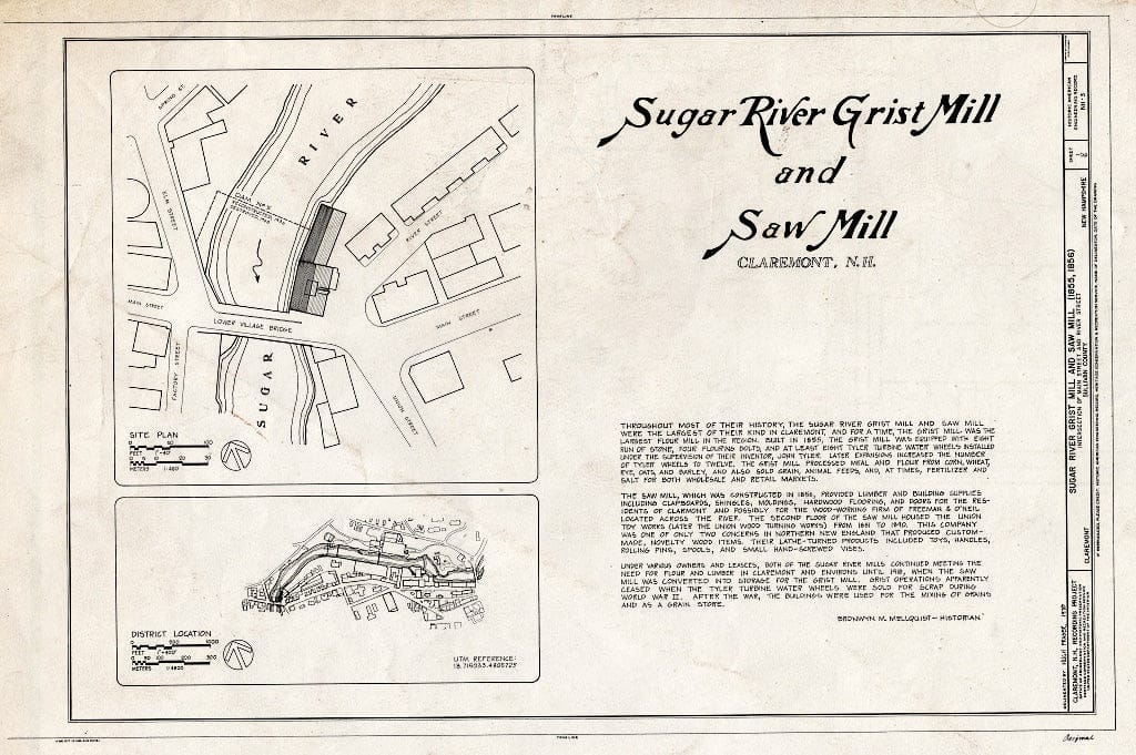 Historic Pictoric : Blueprint HAER NH,10-CLAR,8- (Sheet 1 of 6) - Sugar River Grist Mill & Saw Mill, 159 Main Street, Claremont, Sullivan County, NH