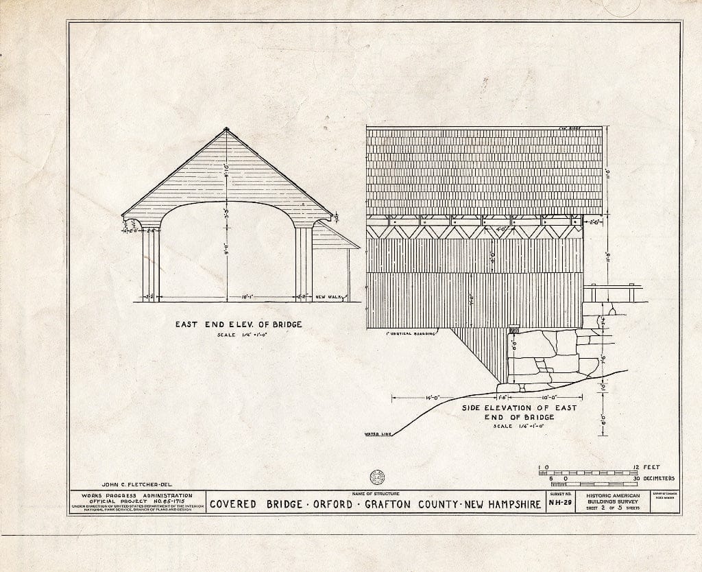 Historic Pictoric : Blueprint East End Elevation of Bridge, Side Elevation of East End of Bridge - Covered Bridge, Spanning Connecticut River, Orford, Grafton County, NH