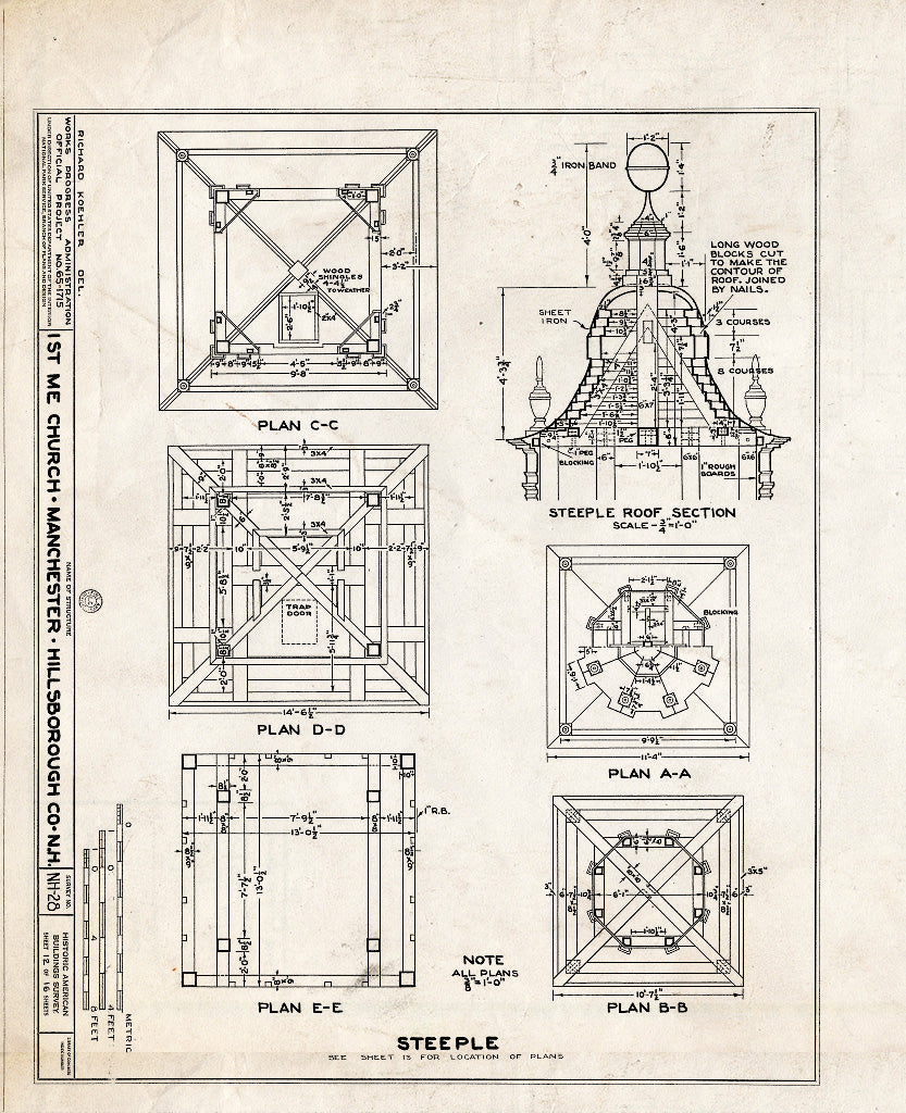 Historic Pictoric : Blueprint HABS NH,6-MANCH,1- (Sheet 12 of 16) - First Methodist Episcopal Church, Valley & Jewett Streets (Moved from NH, Derryville), Manchester, Hillsborough County, NH