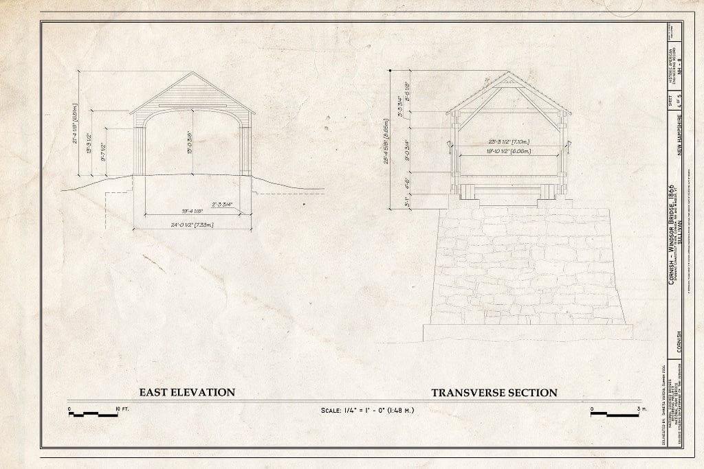 Historic Pictoric : Blueprint East Elevation, Transverse Section - Cornish-Windsor Covered Bridge, Spanning Connecticut River Between Cornish, NH, Windsor, VT, Cornish City, Sullivan County, NH