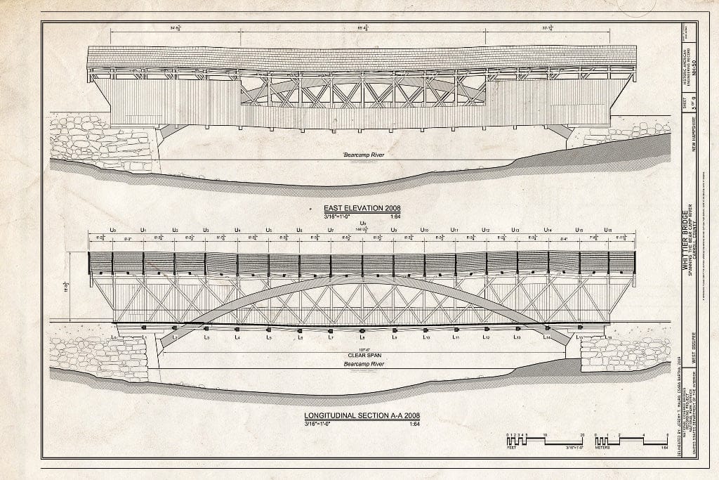 Historic Pictoric : Blueprint East Elevation 2008, Longitudinal Section A-A 2008 - Whittier Bridge, Spanning The Bearcamp River, West Ossipee, Carroll County, NH