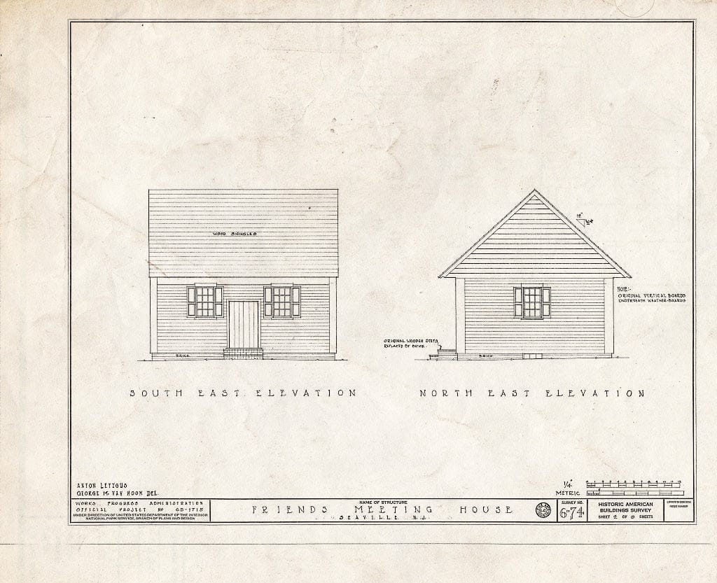 Historic Pictoric : Blueprint 2. Southeast and Northeast elevations - Friends' Meeting House, Shore Road, West Side (State Route 9), Seaville, Cape May County, NJ