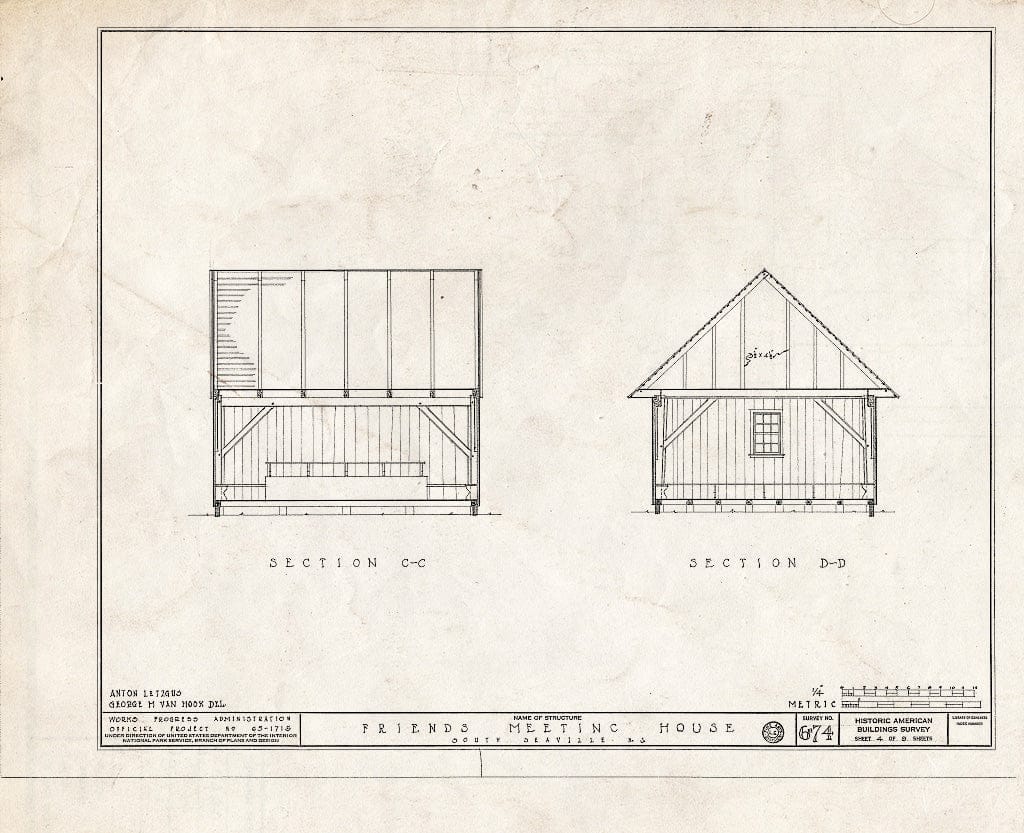 Historic Pictoric : Blueprint 4. Sections C-C and D-D - Friends' Meeting House, Shore Road, West Side (State Route 9), Seaville, Cape May County, NJ