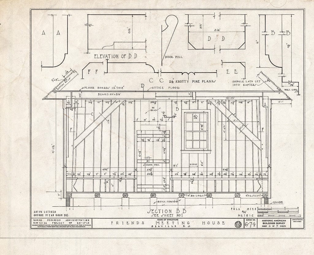 Historic Pictoric : Blueprint 6. Section B-B Details - Friends' Meeting House, Shore Road, West Side (State Route 9), Seaville, Cape May County, NJ