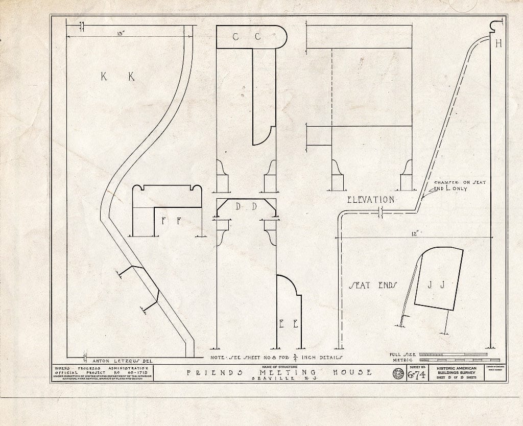 Historic Pictoric : Blueprint 9. Details - Friends' Meeting House, Shore Road, West Side (State Route 9), Seaville, Cape May County, NJ