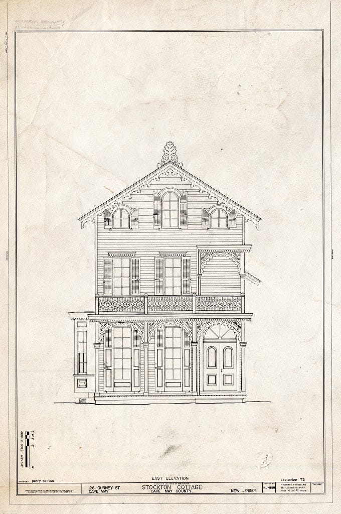 Historic Pictoric : Blueprint East Elevation - Stockton Cottage, 26 Gurney Street, Cape May, Cape May County, NJ