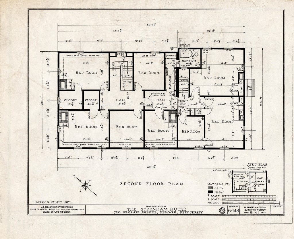 Historic Pictoric : Blueprint HABS NJ,7-NEARK,5-8 (Sheet 6 of 11) - John Sydenham House, Old Road to Bloomfield, Newark, Essex County, NJ