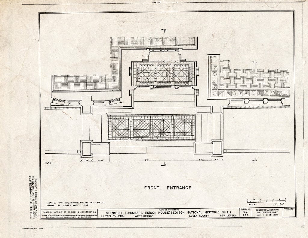 Historic Pictoric : Blueprint Front Entrance Details - Glenmont, Llewellyn Park, West Orange, Essex County, NJ