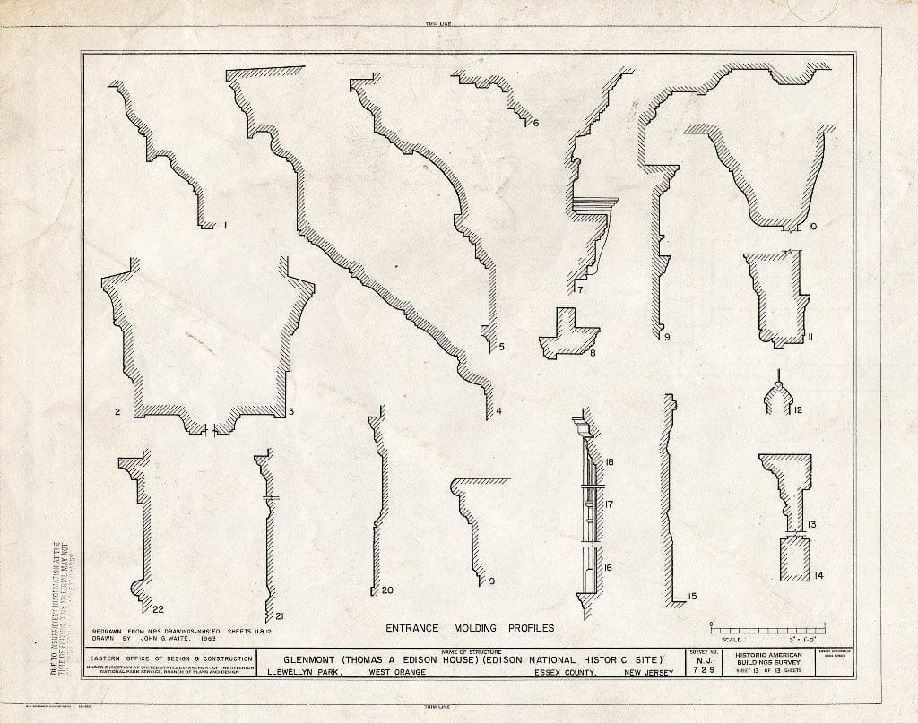 Historic Pictoric : Blueprint Entrance molding Profiles - Glenmont, Llewellyn Park, West Orange, Essex County, NJ