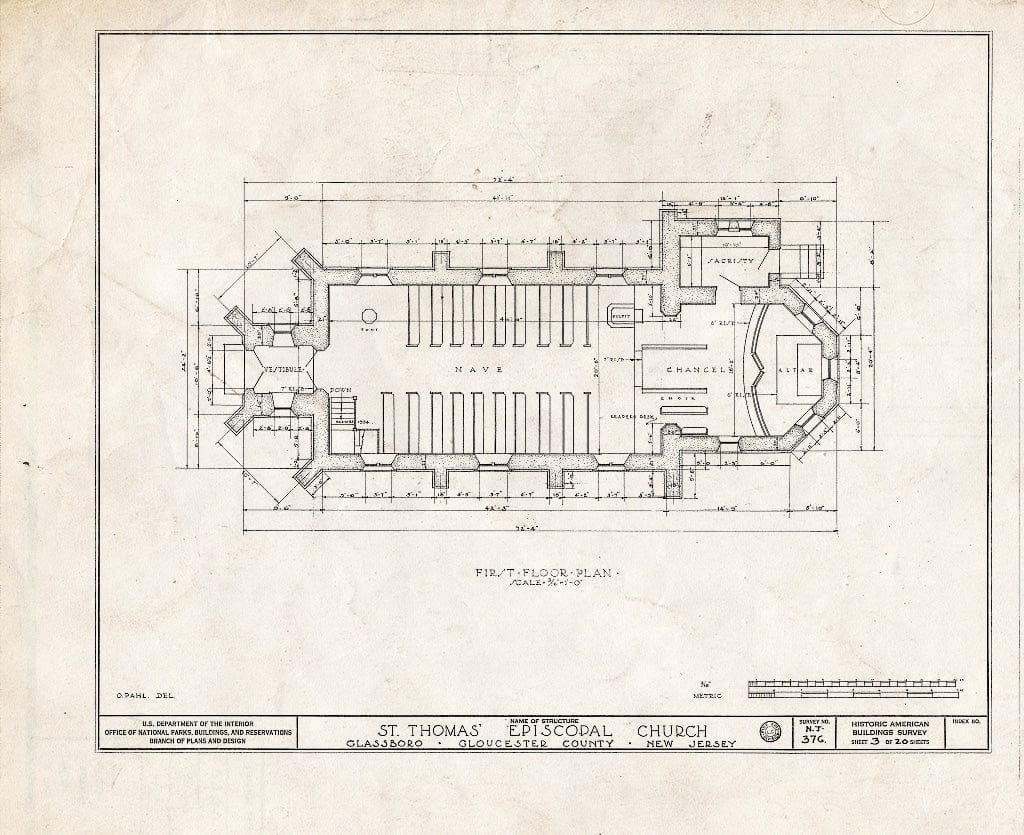 Historic Pictoric : Blueprint HABS NJ,8-GLASB,1- (Sheet 3 of 20) - St. Thomas' Episcopal Church, Main & Focer Streets, Glassboro, Gloucester County, NJ