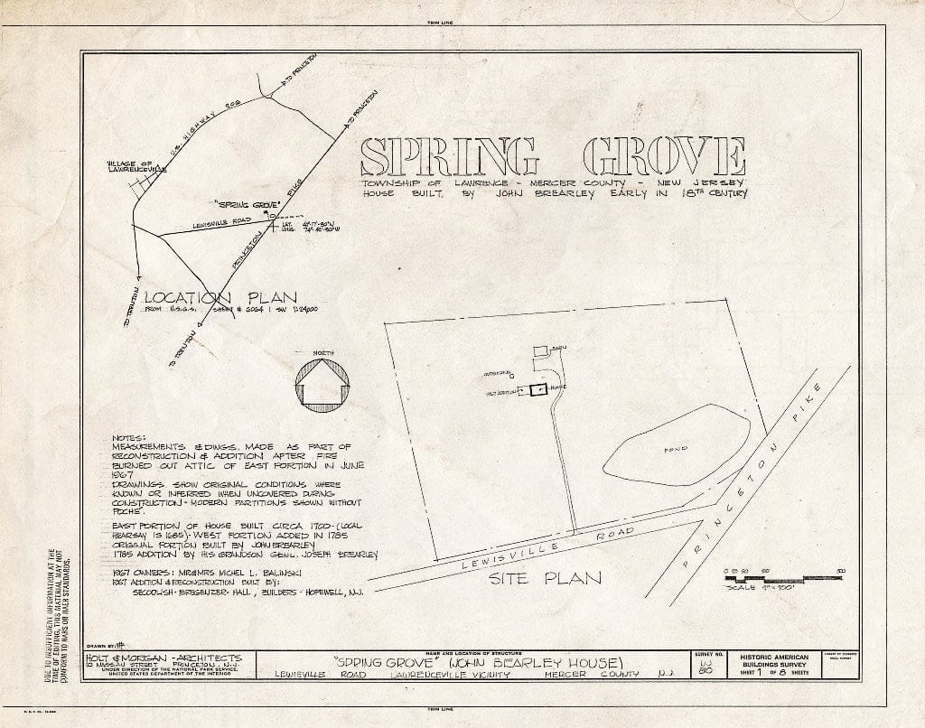 Historic Pictoric : Blueprint HABS NJ,11-LAWR.V,2- (Sheet 1 of 8) - Spring Grove, Lewisville Road & Princeton Pike, Lawrenceville, Mercer County, NJ