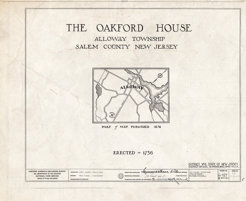 Historic Pictoric : Blueprint HABS NJ,17-ALLO.V,1- (Sheet 0 of 8) - William Oakford House, Telegraph & Greenwich Roads, Alloway, Salem County, NJ