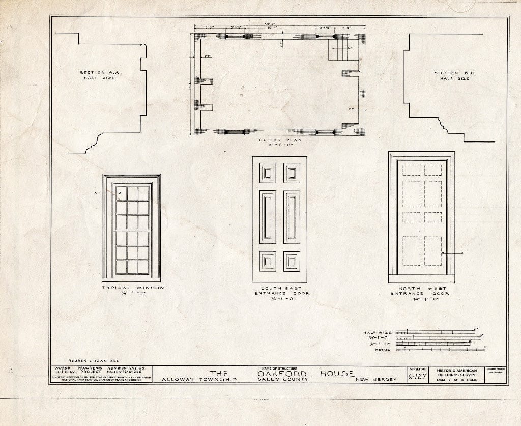 Historic Pictoric : Blueprint HABS NJ,17-ALLO.V,1- (Sheet 1 of 8) - William Oakford House, Telegraph & Greenwich Roads, Alloway, Salem County, NJ