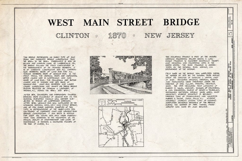 Historic Pictoric : Blueprint HAER NJ,10-CLIN,1- (Sheet 1 of 3) - West Main Street Bridge, Spanning South Branch of Raritan River, Clinton, Hunterdon County, NJ