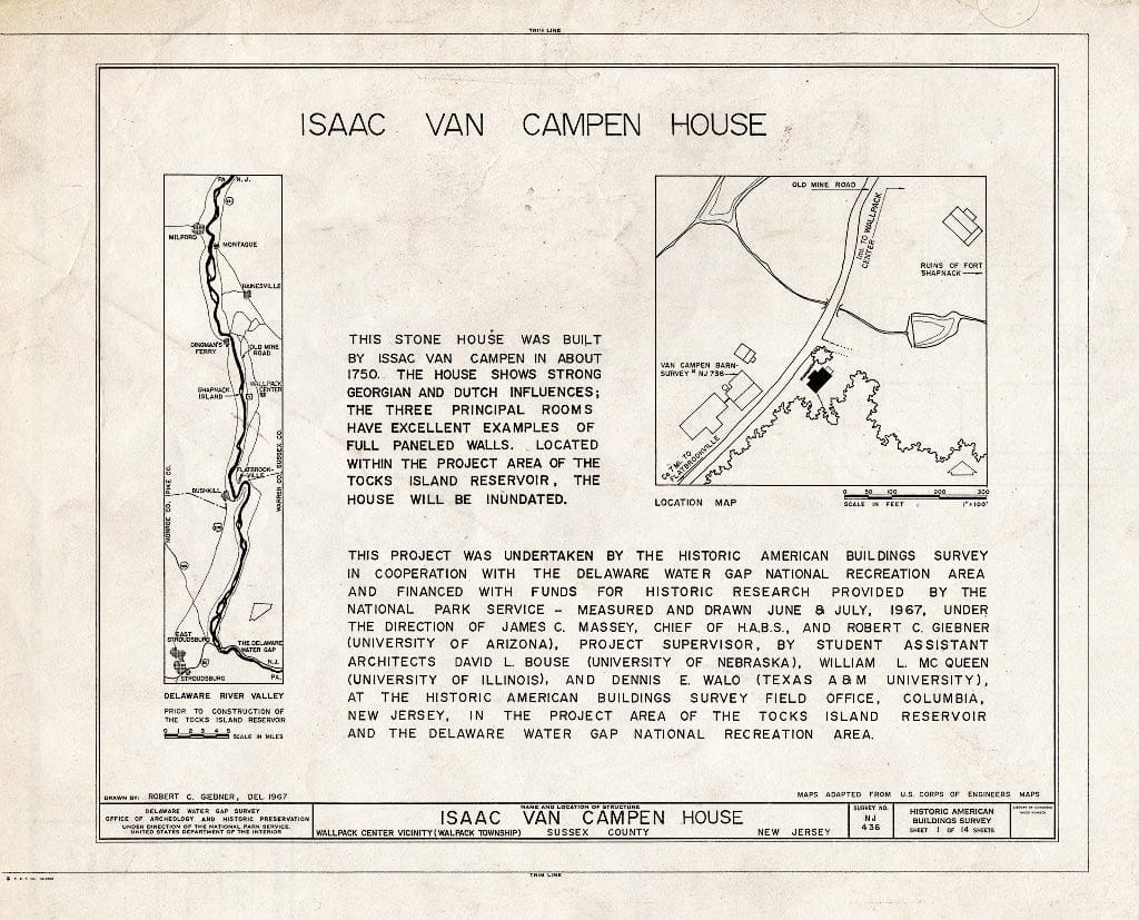 Historic Pictoric : Blueprint 1. Title Sheet - Isaac Van Campen House, Old Mine Road, Wallpack Center, Sussex County, NJ