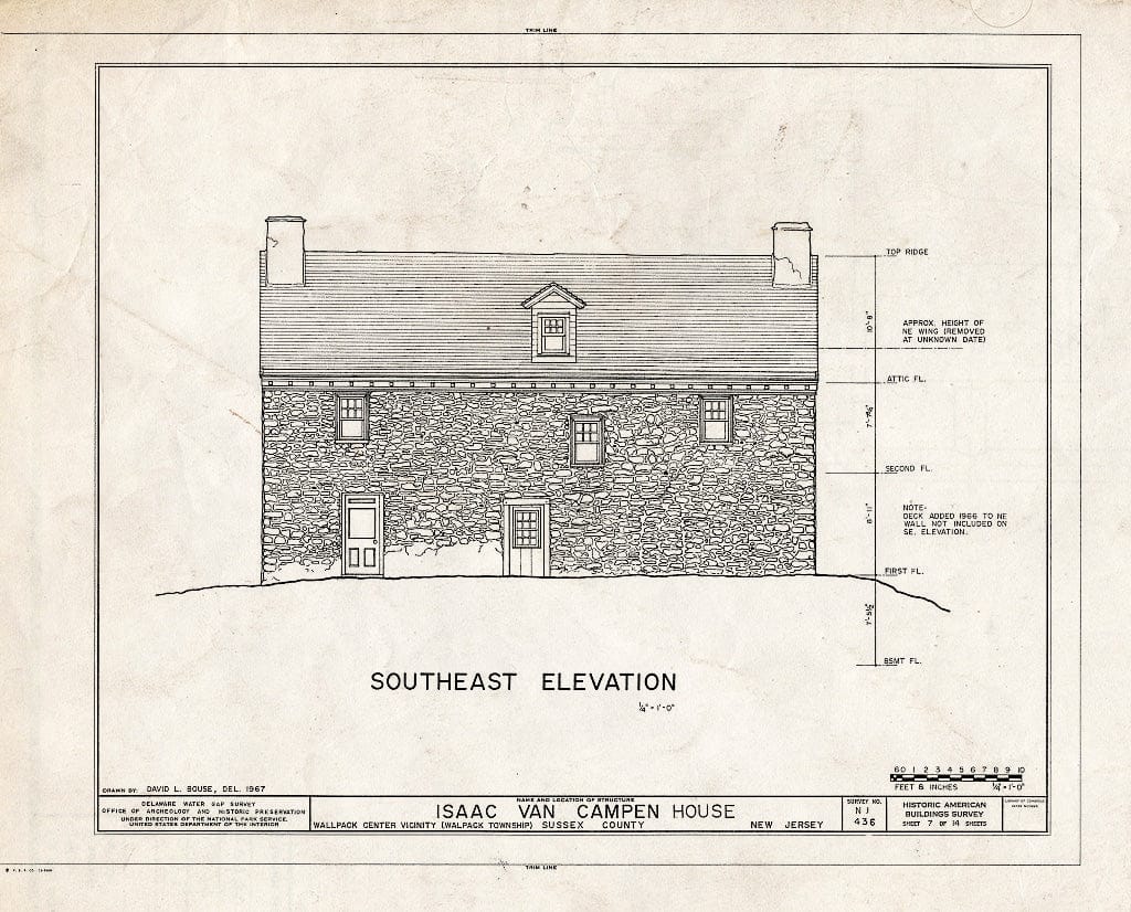 Historic Pictoric : Blueprint 7. Southeast Elevation - Isaac Van Campen House, Old Mine Road, Wallpack Center, Sussex County, NJ