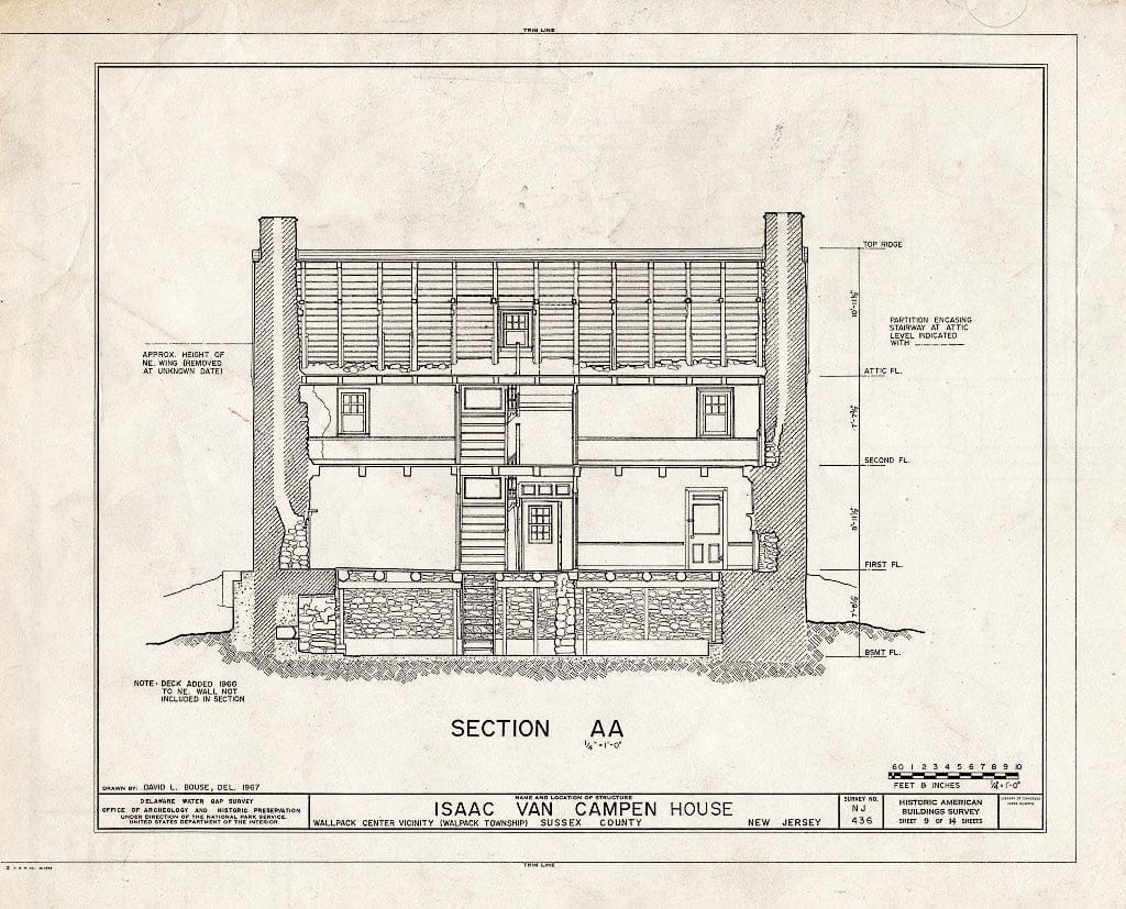 Historic Pictoric : Blueprint 9. Section A-A - Isaac Van Campen House, Old Mine Road, Wallpack Center, Sussex County, NJ