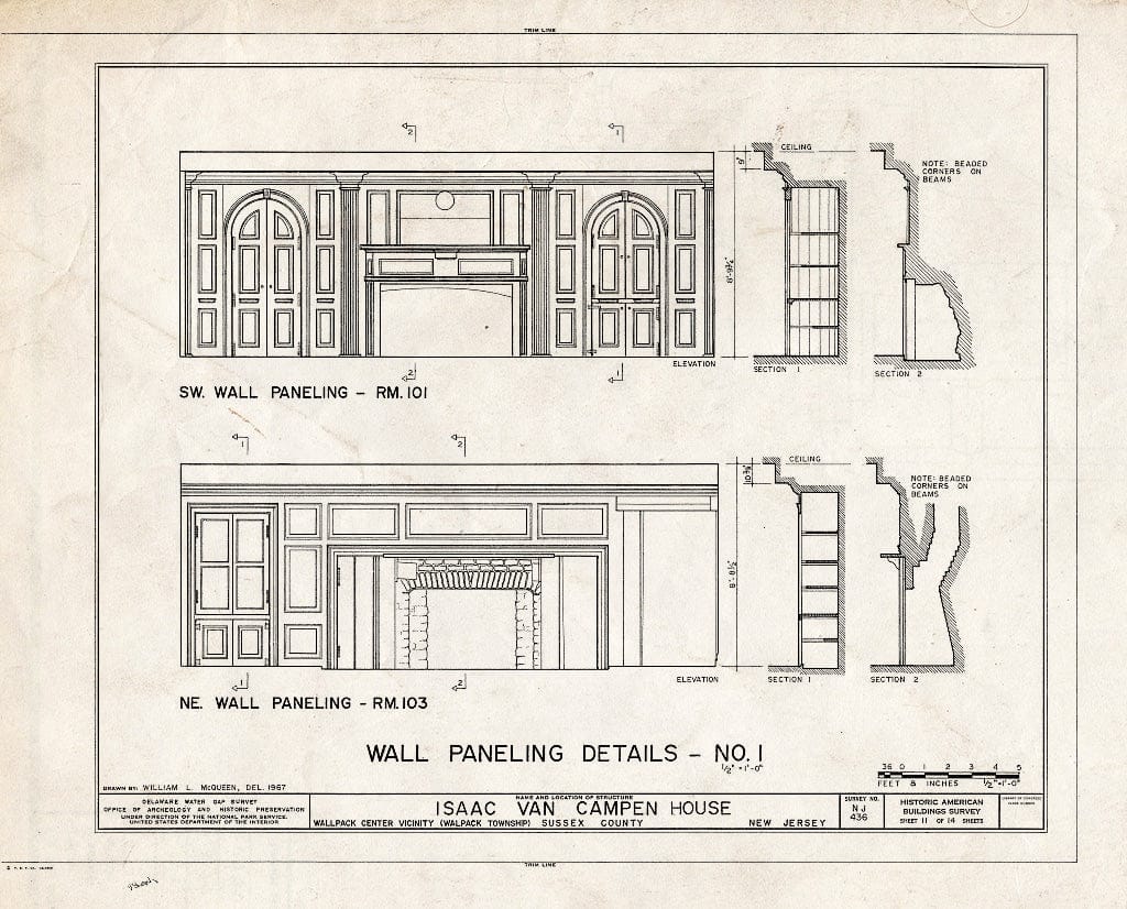 Historic Pictoric : Blueprint 11. Wall Paneling Details no. 1 - Isaac Van Campen House, Old Mine Road, Wallpack Center, Sussex County, NJ