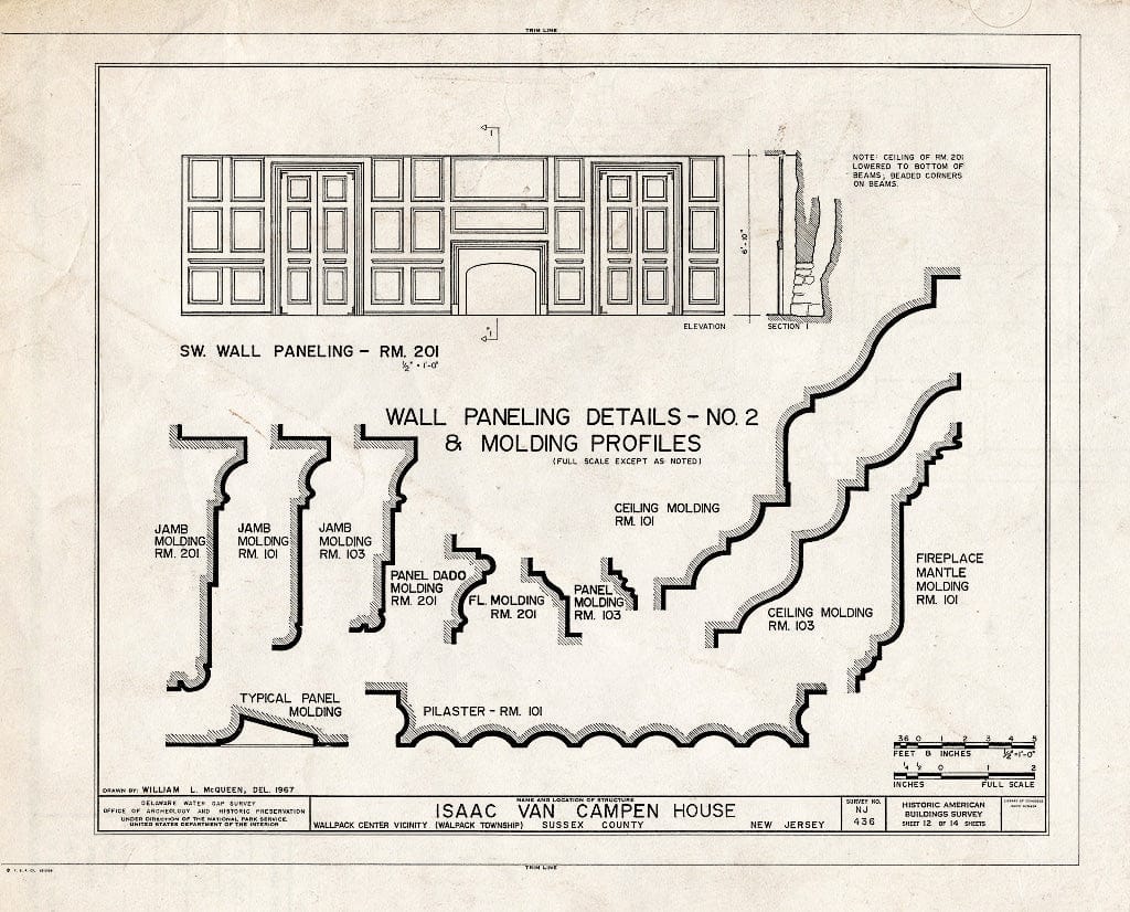 Historic Pictoric : Blueprint 12. Wall Paneling Details no. 2 and molding Profiles - Isaac Van Campen House, Old Mine Road, Wallpack Center, Sussex County, NJ