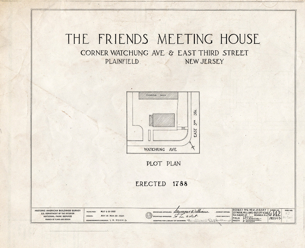 Historic Pictoric : Blueprint HABS NJ,20-PLAFI,1- (Sheet 0 of 18) - Plainfield Friend's Meetinghouse, Watchung Avenue & East Third Street, Plainfield, Union County, NJ