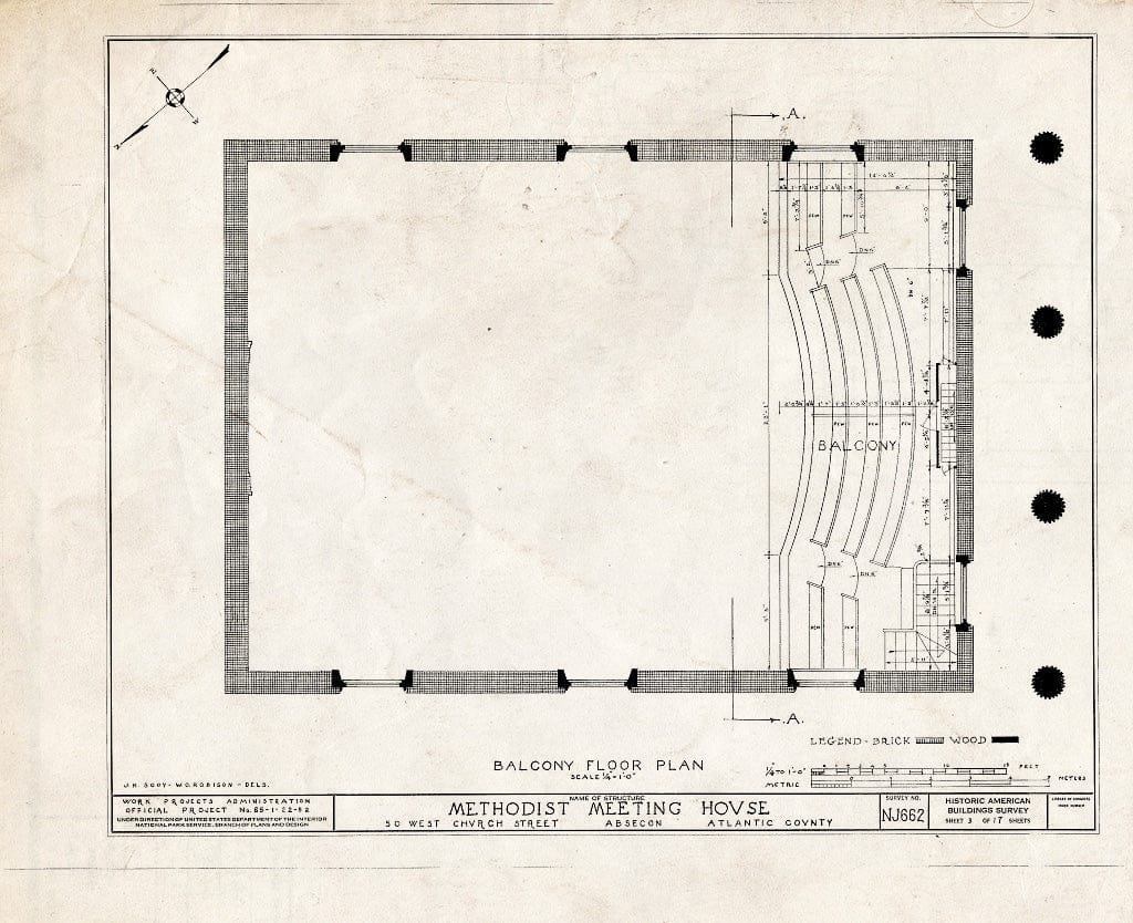 Historic Pictoric : Blueprint HABS NJ,1-ABSEC,1- (Sheet 3 of 17) - Methodist Meetinghouse, 50 West Church Street, Absecon, Atlantic County, NJ