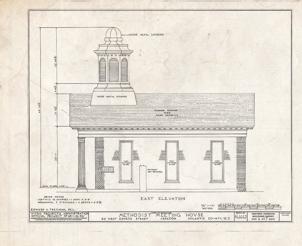 Historic Pictoric : Blueprint HABS NJ,1-ABSEC,1- (Sheet 6 of 17) - Methodist Meetinghouse, 50 West Church Street, Absecon, Atlantic County, NJ
