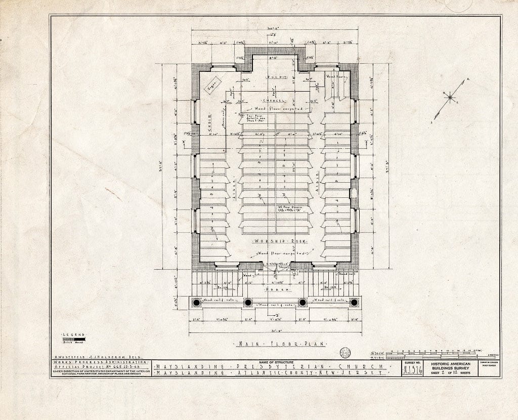 Historic Pictoric : Blueprint HABS NJ,1-Mayla,1- (Sheet 2 of 12) - Mays Landing Presbyterian Church, Mays Landing, Atlantic County, NJ