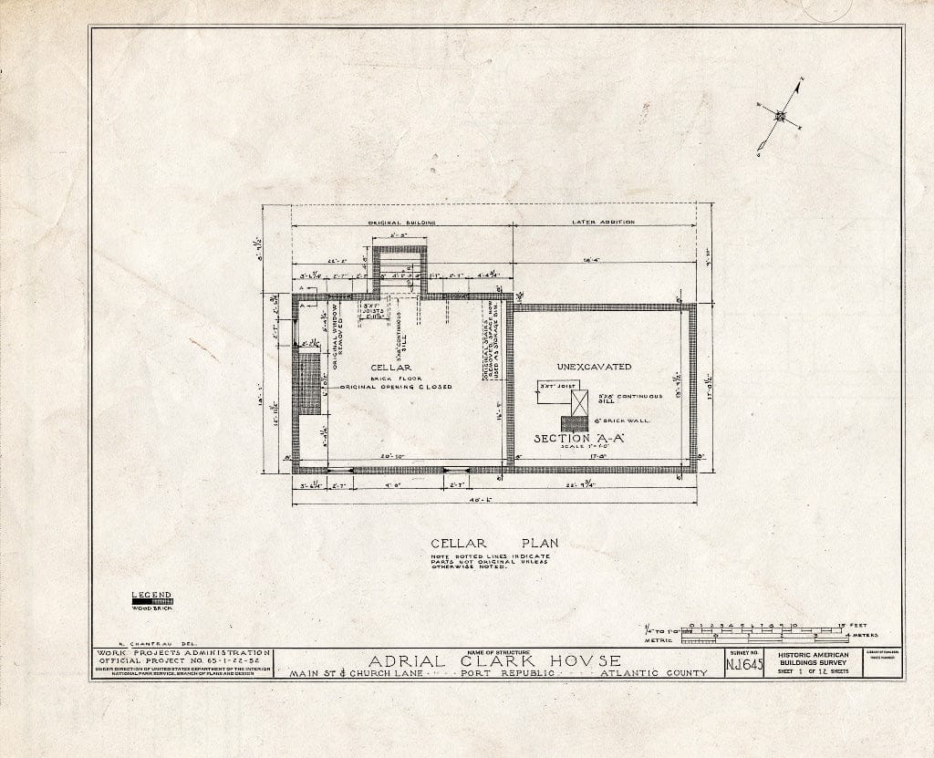 Historic Pictoric : Blueprint HABS NJ,1-POREP,1- (Sheet 1 of 12) - Adrial Clark House, Church Lane & Main Streets, Port Republic, Atlantic County, NJ