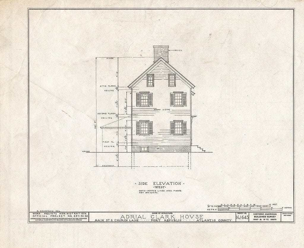 Historic Pictoric : Blueprint HABS NJ,1-POREP,1- (Sheet 8 of 12) - Adrial Clark House, Church Lane & Main Streets, Port Republic, Atlantic County, NJ