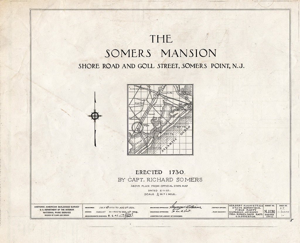 Historic Pictoric : Blueprint HABS NJ,1-SOMPO,1- (Sheet 0 of 17) - Somers Mansion, Shore Road & Goll Street, Somers Point, Atlantic County, NJ