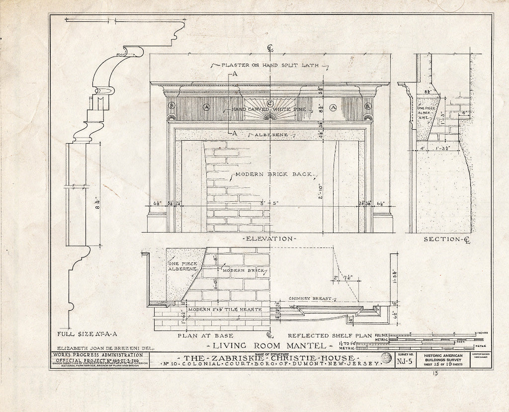 Historic Pictoric : Blueprint HABS NJ,2-DUMO,1- (Sheet 15 of 19) - Zabriskie-Christie House, 10 Colonial Court, Dumont, Bergen County, NJ