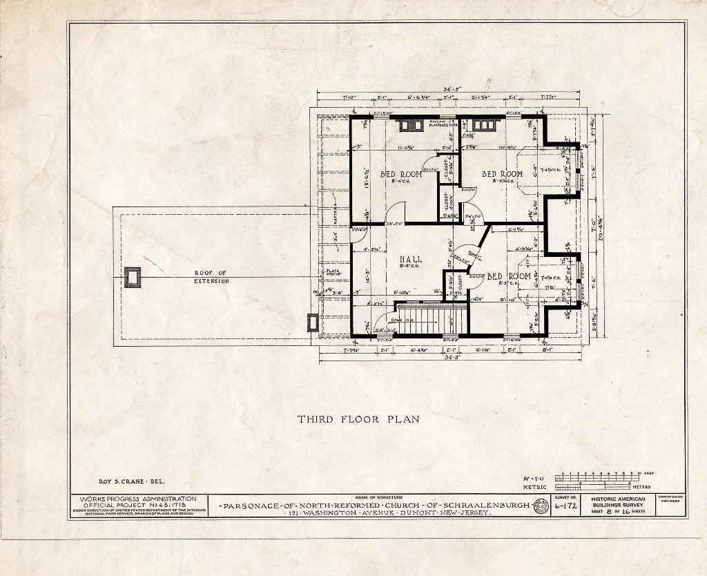 Historic Pictoric : Blueprint HABS NJ,2-DUMO,2- (Sheet 8 of 16) - North Reformed Church of Schraalenburgh Parsonage, 191 Washington Avenue, Dumont, Bergen County, NJ