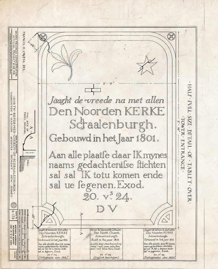 Historic Pictoric : Blueprint HABS NJ,2-DUMO,3- (Sheet 13 of 22) - North Reformed Church of Schraalenburgh, Washington & Madison Avenues, Dumont, Bergen County, NJ
