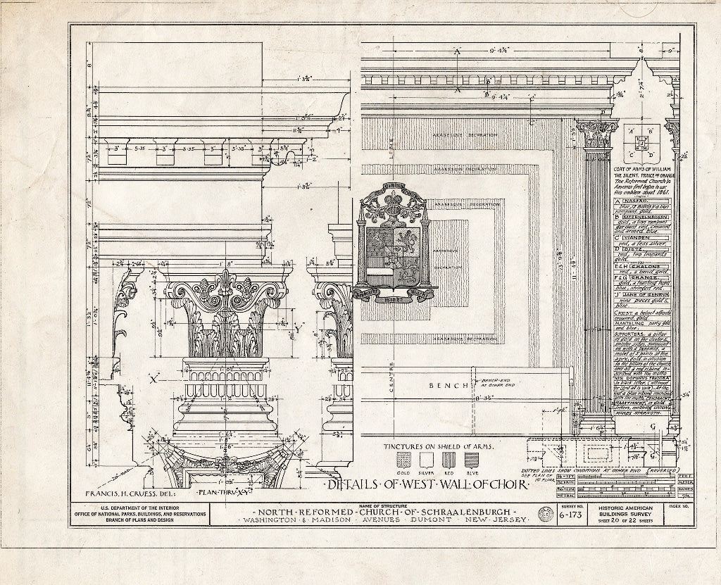 Historic Pictoric : Blueprint HABS NJ,2-DUMO,3- (Sheet 20 of 22) - North Reformed Church of Schraalenburgh, Washington & Madison Avenues, Dumont, Bergen County, NJ