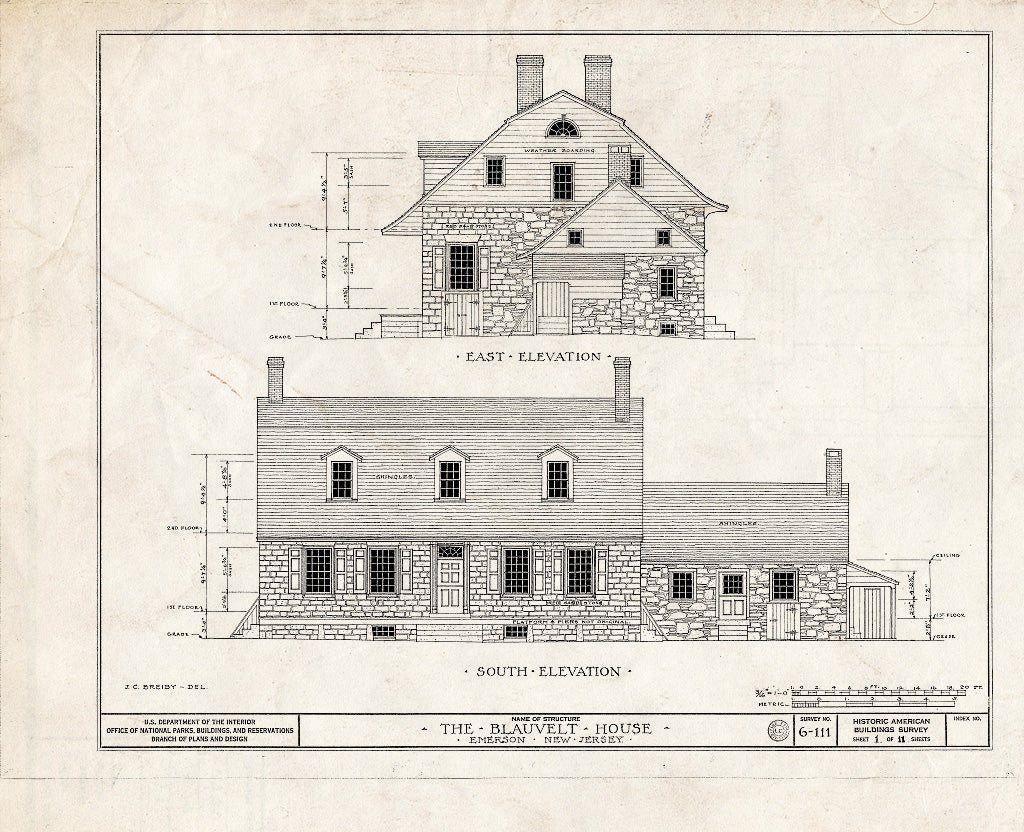 Historic Pictoric : Blueprint HABS NJ,2-EMSO,1- (Sheet 1 of 11) - Blauvelt House, Old Hook Road, Emerson, Bergen County, NJ