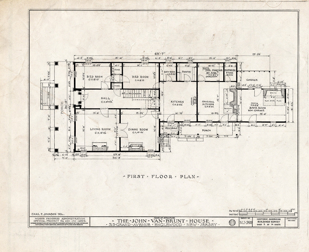Historic Pictoric : Blueprint HABS NJ,2-ENG,3- (Sheet 2 of 16) - John Van Brunt House, 315 Grand Avenue, Englewood, Bergen County, NJ