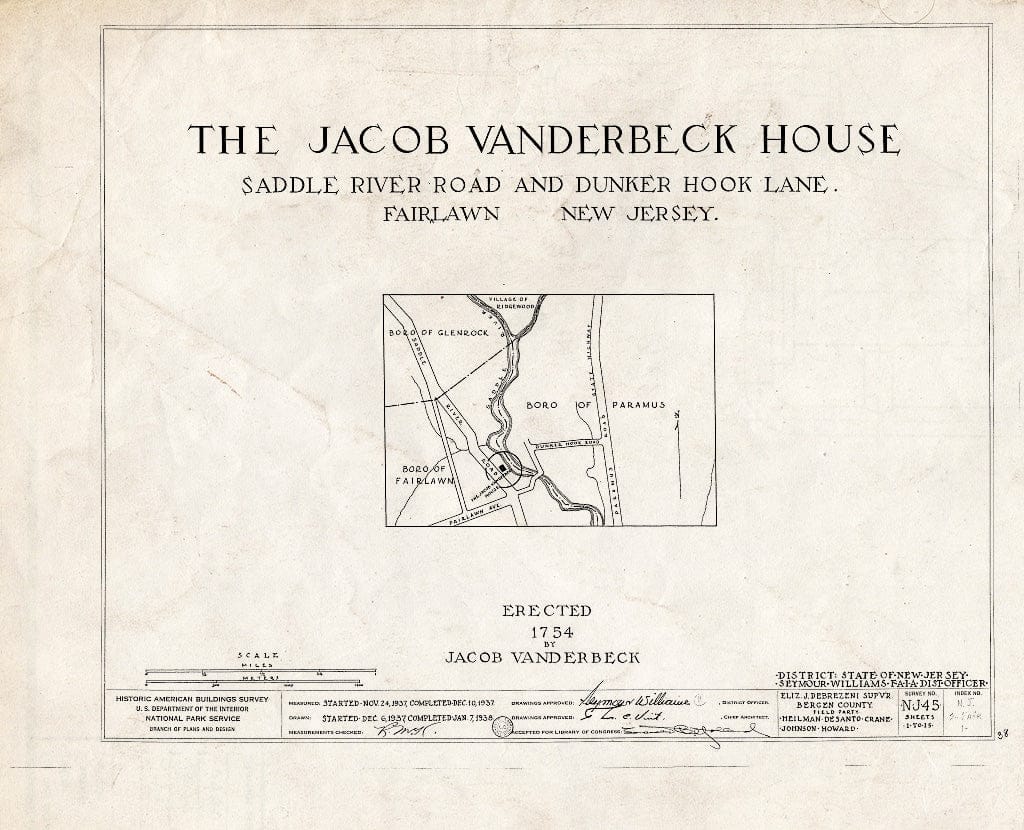 Historic Pictoric : Blueprint HABS NJ,2-FAIR,1- (Sheet 0 of 15) - Jacob Vanderbeck House & Kitchen, Saddle River Road & Dunker Hook Lane, Fair Lawn, Bergen County, NJ