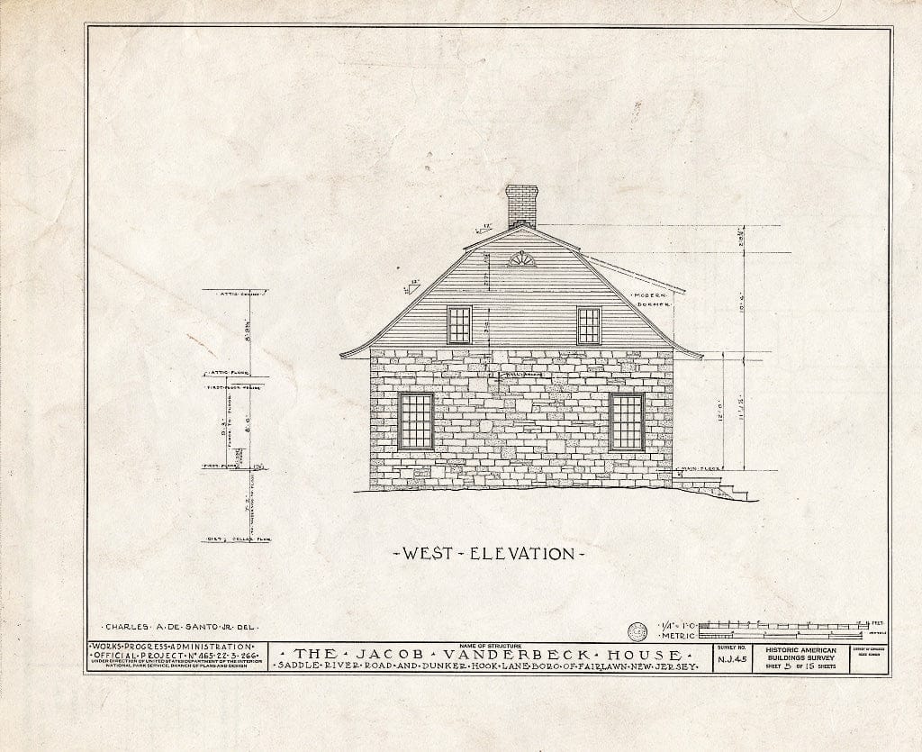 Historic Pictoric : Blueprint HABS NJ,2-FAIR,1- (Sheet 5 of 15) - Jacob Vanderbeck House & Kitchen, Saddle River Road & Dunker Hook Lane, Fair Lawn, Bergen County, NJ