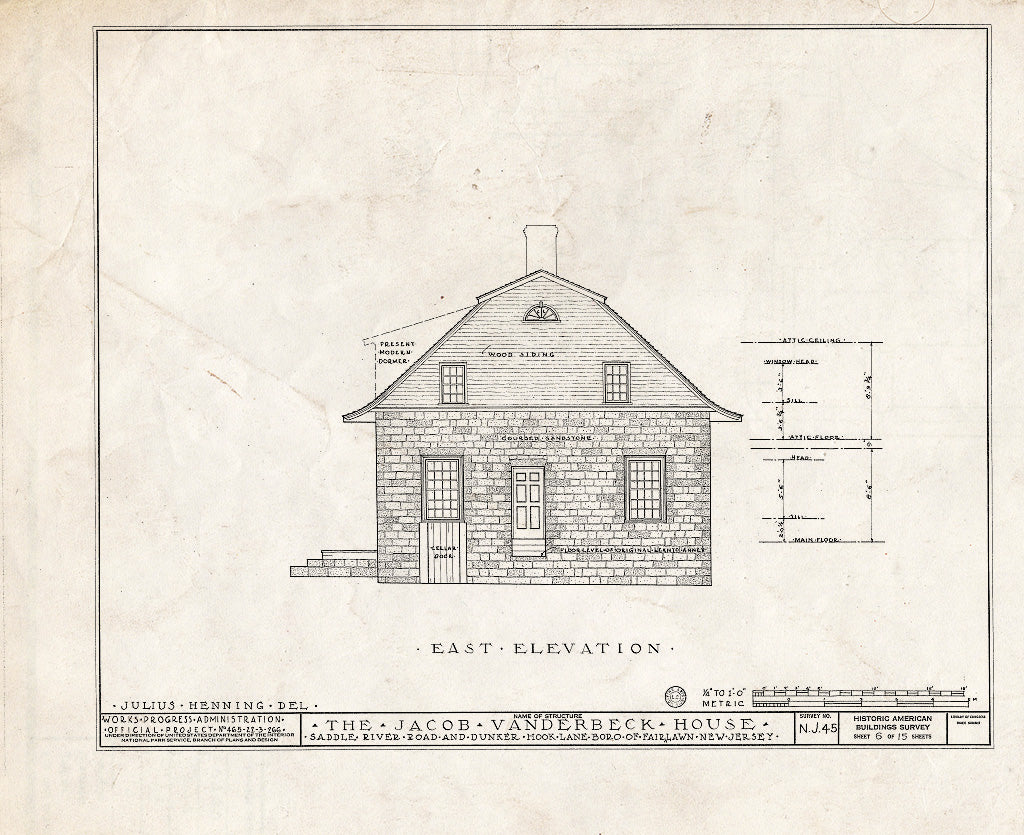 Historic Pictoric : Blueprint HABS NJ,2-FAIR,1- (Sheet 6 of 15) - Jacob Vanderbeck House & Kitchen, Saddle River Road & Dunker Hook Lane, Fair Lawn, Bergen County, NJ