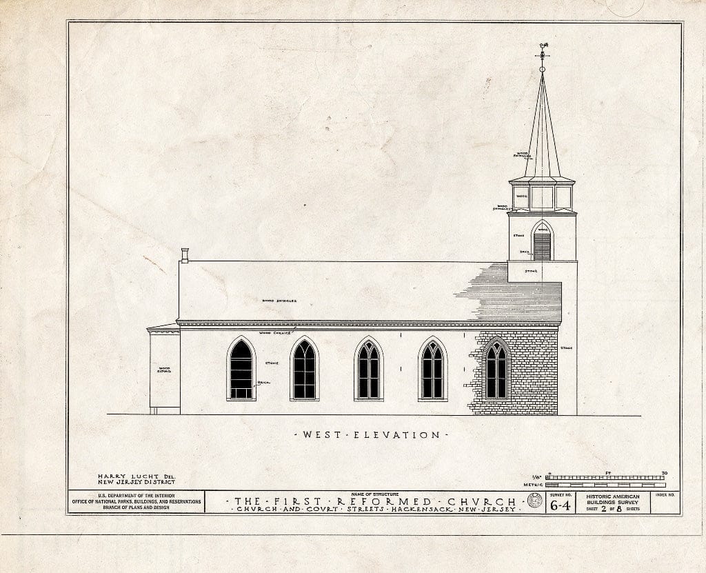 Historic Pictoric : Blueprint HABS NJ,2-HACK,1- (Sheet 2 of 8) - First Reformed Church of Hackensack, Church & Court Streets, Hackensack, Bergen County, NJ
