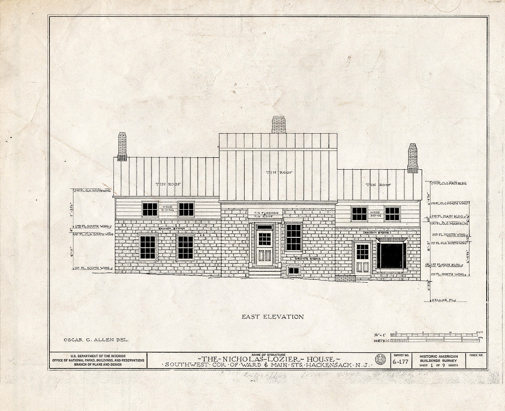 Historic Pictoric : Blueprint HABS NJ,2-HACK,5- (Sheet 1 of 9) - Nicholas Lozier House, 393 Main Street, Hackensack, Bergen County, NJ
