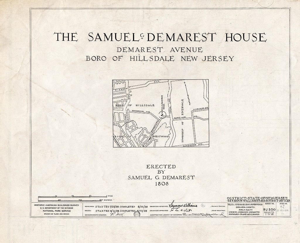 Historic Pictoric : Blueprint HABS NJ,2-Hilda,1- (Sheet 0 of 16) - Samuel G. Demarest House, Demarest Avenue, Hillsdale, Bergen County, NJ