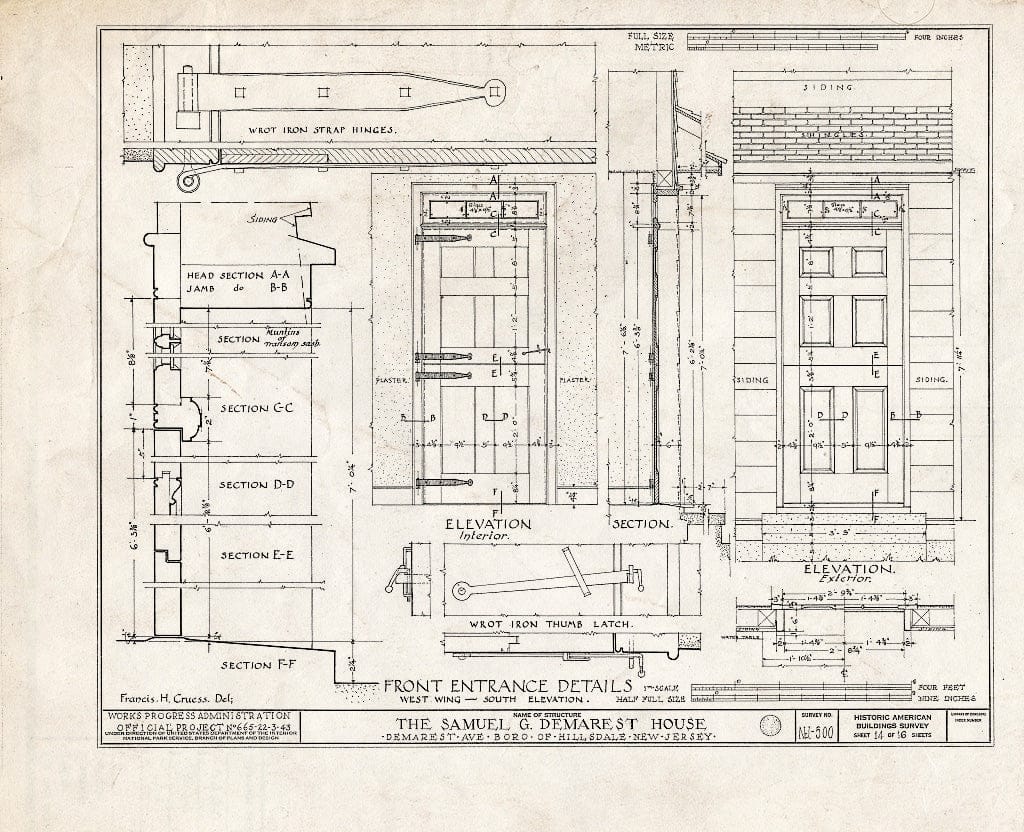 Historic Pictoric : Blueprint HABS NJ,2-Hilda,1- (Sheet 14 of 16) - Samuel G. Demarest House, Demarest Avenue, Hillsdale, Bergen County, NJ